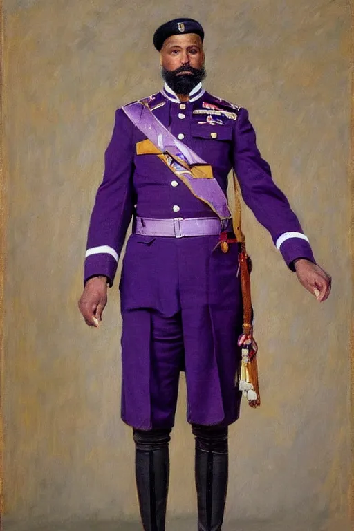 Image similar to full body portrait of the dictator of the sacramento kings, 1 8 8 9, in full military garb, purple, silver, oil on canvas by william sidney mount, trending on artstation