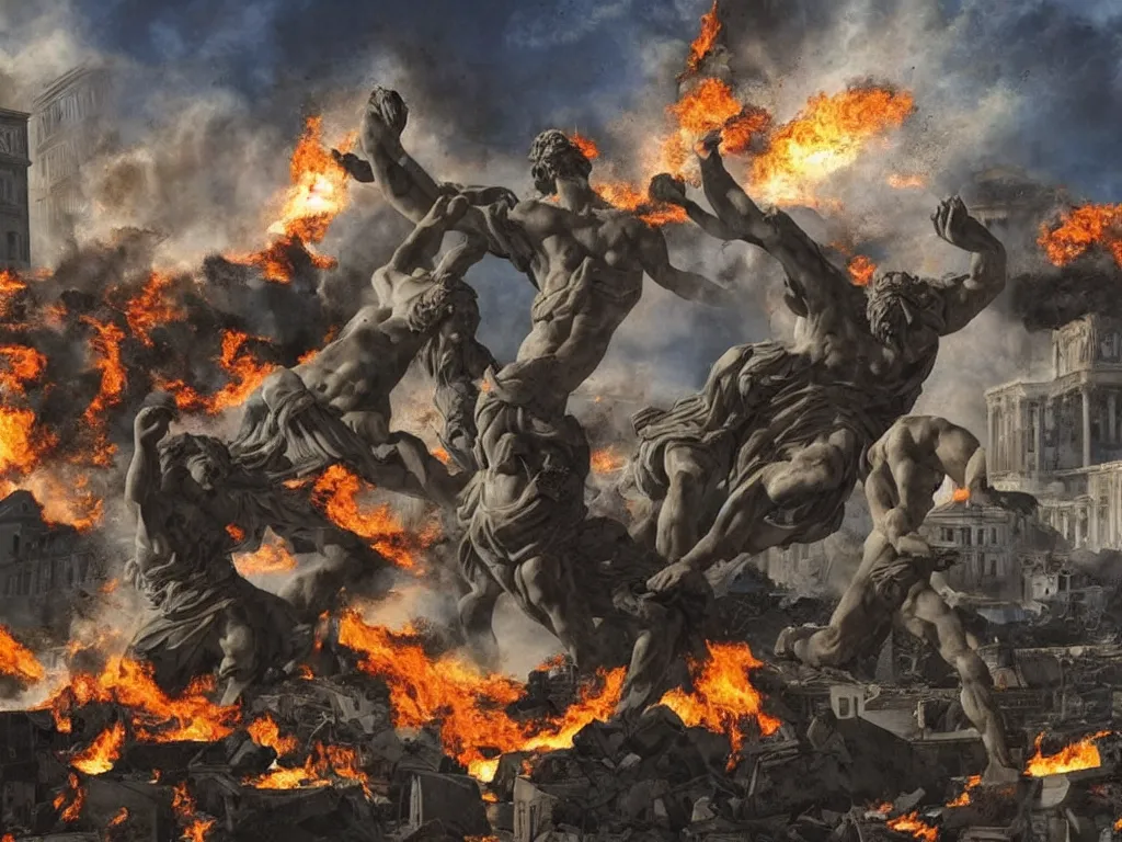 Image similar to giant greek statues attacking a city, city destruction ruins, debris flying around, swirls of fire