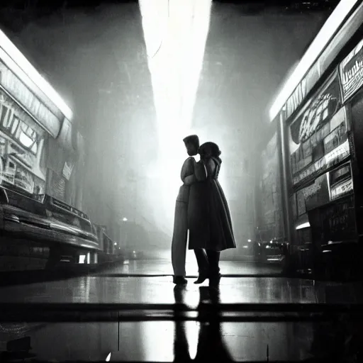 Prompt: old black and white photo, 1 9 3 3, depicting blade runner rick deckard and rachael, ultra realistic face, leica, historical record, dramatic lighting, glitch foggy environment, static colorful noise glitch volumetric light