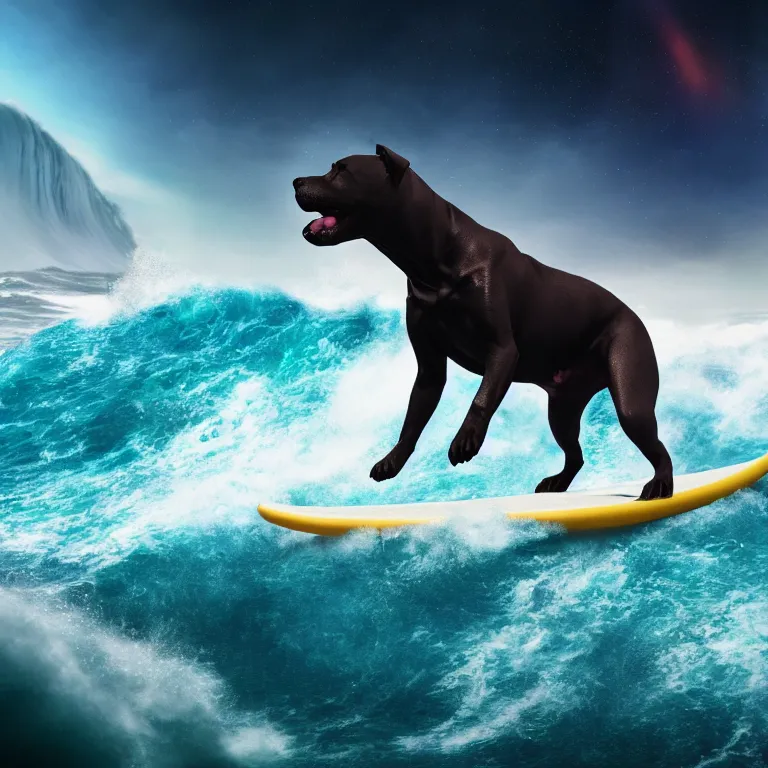 Prompt: photo of a dark coat pit bull with a white paws, surfing on a surfboard in a crashing wave of alien ocean in space, background is an alien galaxy, matte, aliens in the background, alien colors, octane render, unreal engine, wide view, 8 k, high detaild