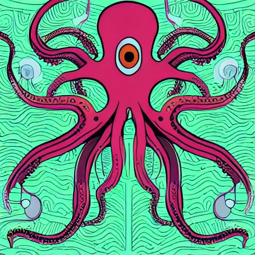 Prompt: cyborg octopus symmetrical colour acrylic painting, coloured, digital art, minimal geometric, vector art