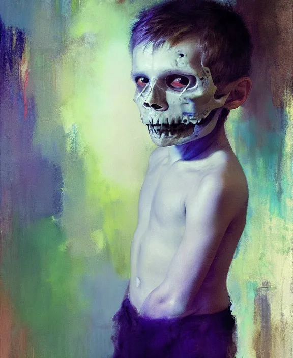 Image similar to a boy wearing a skull by jeremy mann, ultraviolet colors