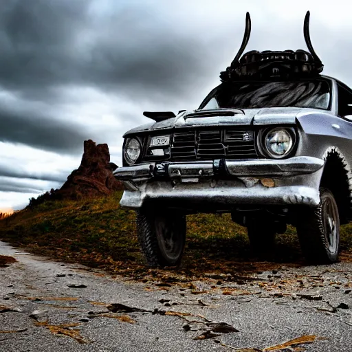 Image similar to deathclaw, monster - behind - the - wheel, subaru, wide lens, 2 4 mm