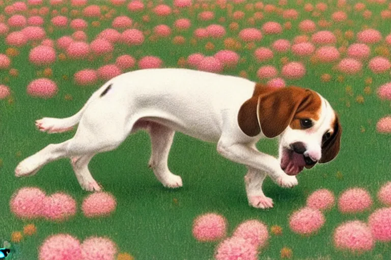 Prompt: white and brown beagle dog playing in a full of pink flowers, by Quint Buchholz, light pastel colors, detailed, bright daylight, happy