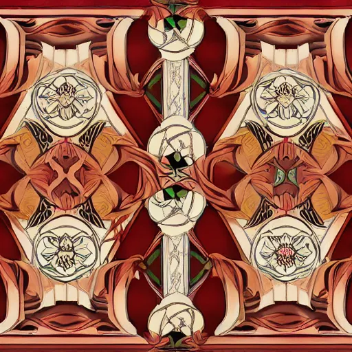 Prompt: symmetrical mural painting from the early 1 9 0 0 s in the style of art nouveau, red curtains, art nouveau design elements, art nouveau ornament, scrolls, flowers, flower petals, rose, opera house architectural elements, mucha, masonic symbols, masonic lodge, joseph maria olbrich, simple, iconic, masonic art, masterpiece, trending on artstation