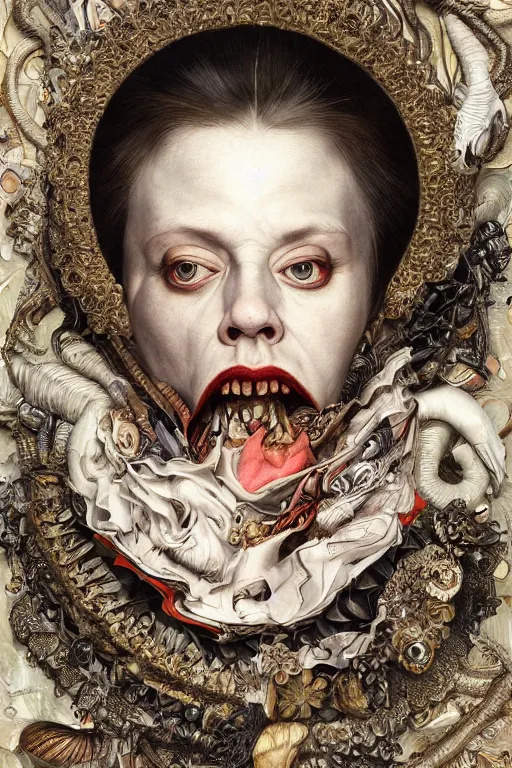 Prompt: Detailed maximalist portrait with large lips and wide white eyes, angry expression, HD 3D mixed media collage, highly detailed and intricate illustration in the style of Caravaggio, surreal dark art, baroque