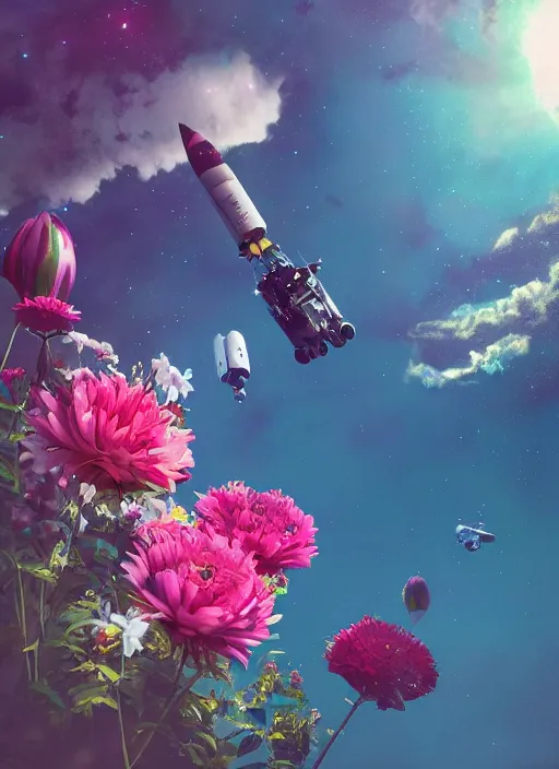 Image similar to An epic fantastic realism comic book style painting of the most beautiful flowers launched into space, bouquets, dark cosmos, fisheye lens, unreal 5, DAZ, hyperrealistic, octane render, dynamic lighting