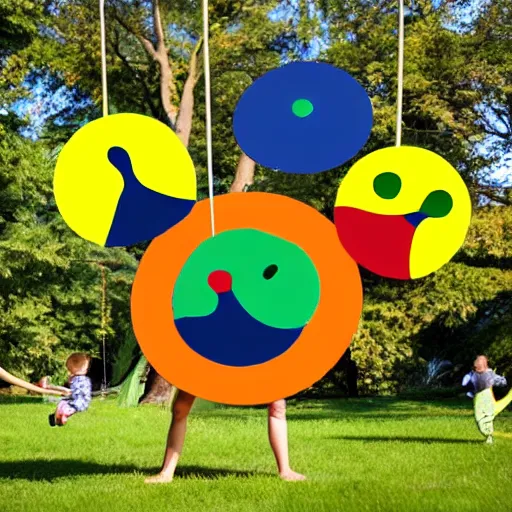 Image similar to family of circle shapes pushing kid on a tree swing, modern cartoon style, bold colors, indigo, mustardy yellow, pea green