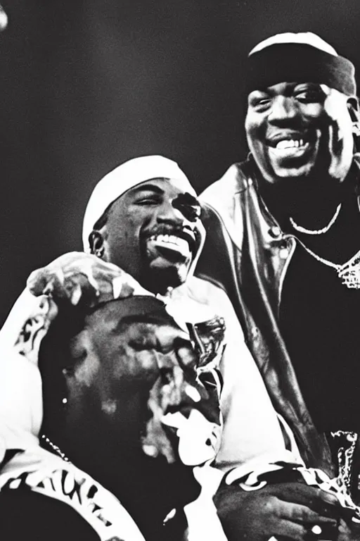 Image similar to Smiling Tupac and Biggie flying to Heaven