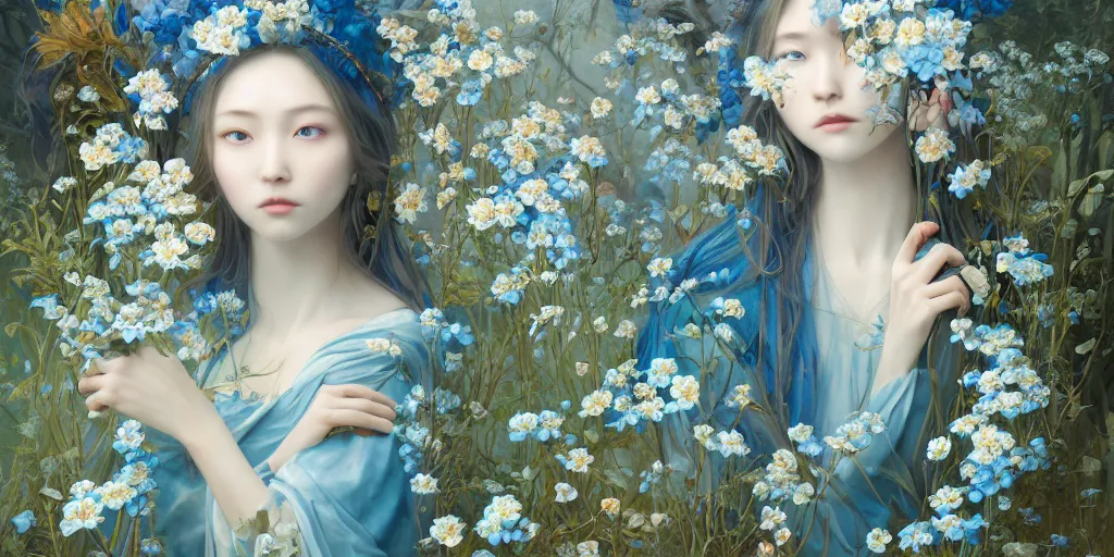 Prompt: breathtaking detailed concept art painting of the goddess of nemophila flowers, orthodox saint, with anxious, piercing eyes, ornate background, amalgamation of leaves and flowers, by Hsiao-Ron Cheng, James jean, Miho Hirano, Hayao Miyazaki, extremely moody lighting, 8K