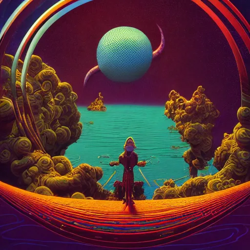 Image similar to colourful breathtakingly weird beautiful powerful magical wonderfully majestic beautifully cool character by michael whelan and moebius and beeple and dan mcpharlin and pascal blanche and jamie hewlett and richard dadd, symmetrical, magical stormy reflections, smoke on water, 8 k artstation