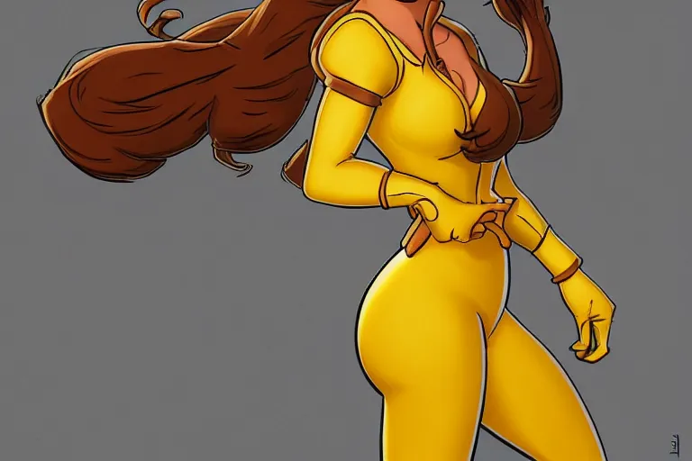 Prompt: beautiful and strong brown hair female reporter in a yellow jumpsuit character april o ’ neil from animated series teenage mutant ninja turtles ( tmnt 1 9 8 7 ) _ dramatic _ intricate _ elegant _ highly _ detailed _ digital _ painting _ artstation _ concept _ art _ smooth _ sharp _ focus _ illustration