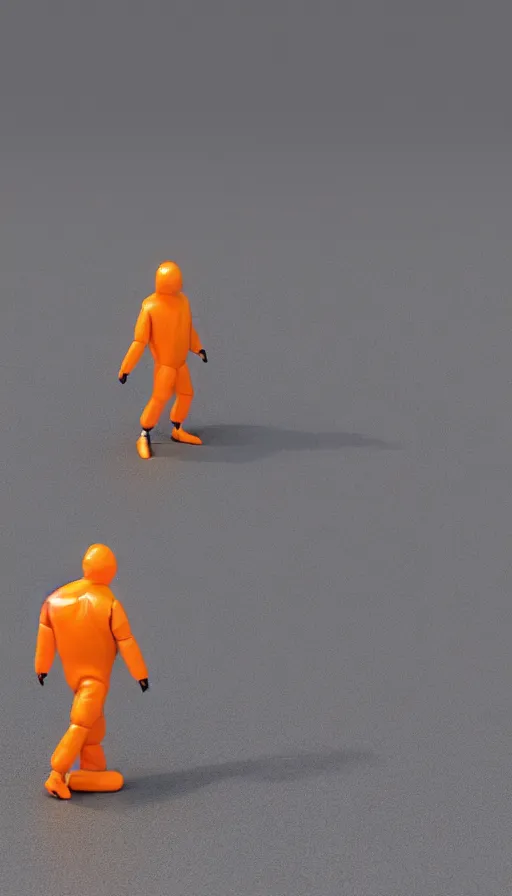 Prompt: a single striding slender action figure of a tall giant inflated hazmat suit wearing man with long bendy arms and legs, googly eyes, tareme eyes, small head, personification, dynamic pose, detailed product photo, tone mapped, beautiful composition, orange mist swirling at feet, 8 5 mm, f 5. 8