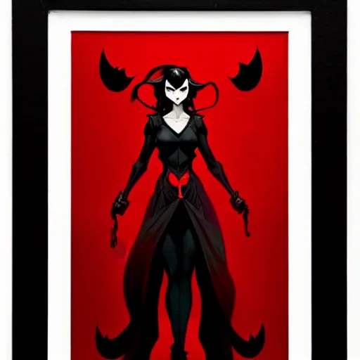 Image similar to rafael albuquerque comic art, peter mohrbacher, artgerm, joshua middleton, pretty evil elizabeth olson demon, black and red dress, symmetrical eyes