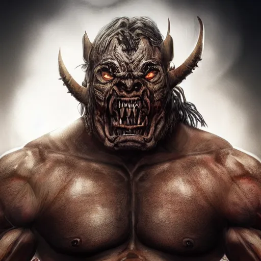 Prompt: a muscle bound orc warrior, photo, professionally retouched, dramatic lighting, wearing bone armor, illuminated by moonlight, realistic, scared face, demonic, predator eyes, wide angle, sharp focus on eyes, 8 k high definition, insanely detailed, intricate, elegant, art by artgerm and wlop