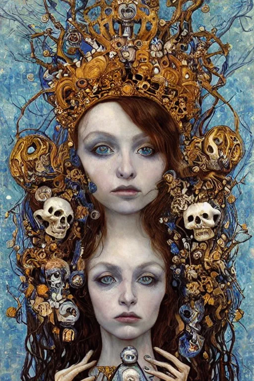 Image similar to The Queen of Bones by Karol Bak, Jean Deville, Gustav Klimt, and Vincent Van Gogh, portrait of a porcelain princess wearing a crown, beautiful porcelain doll face, pale blue eyes, mystic eye, otherworldly, crown made of bones, ornate jeweled crown, skulls, fractal structures, arcane, inscribed runes, infernal relics, ornate gilded medieval icon, third eye, spirals, rich deep moody colors