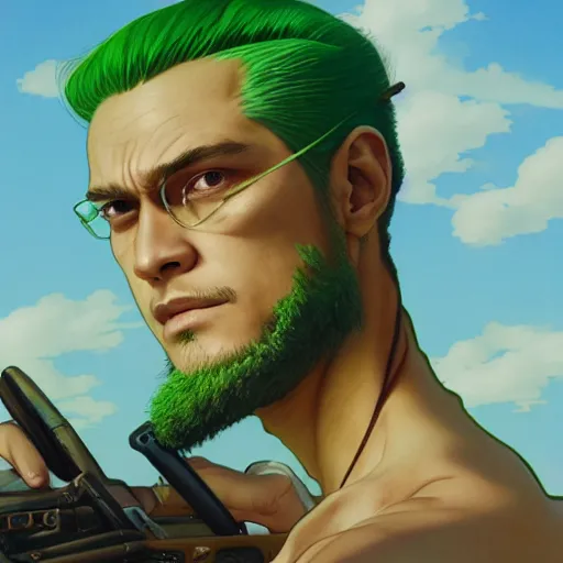 Image similar to highly detailed vfx portrait of roronoa zoro, stephen bliss, green hair, loish, rhads, beeple, makoto shinkai, tom bagshaw, alphonse mucha, sharp focus, art by artgerm and greg rutkowski, stanley kubrick, backlit, harsh overhead sunlight,