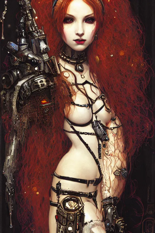 Image similar to portrait of beautiful young cute gothic maiden, cyberpunk, Warhammer, highly detailed, artstation, illustration, art by Gustav Klimt