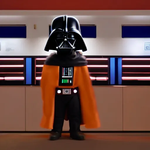 Image similar to darth vador working at dunkin donuts , 8k cinematic lighting, very sharp detail, anatomically correct