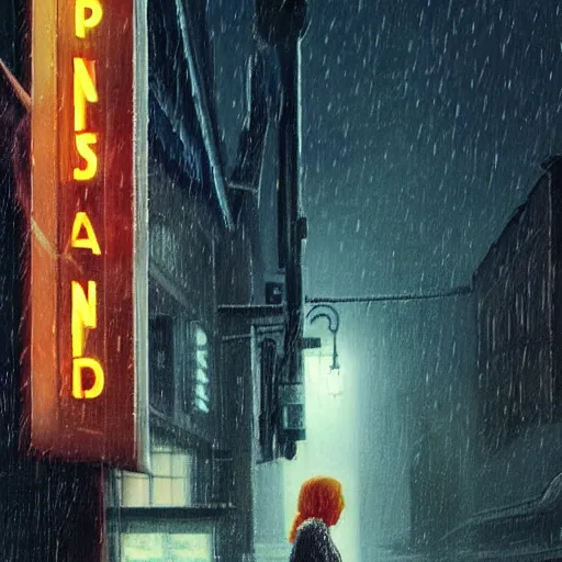 Image similar to Elle Fanning lost in the Bermuda Triangle in the world of Edward Hopper, stormy snowy weather, streetlights, extremely detailed masterpiece, oil on canvas, low-key neon lighting, artstation, Blade Runner 2049, Roger Deakin’s cinematography, by J. C. Leyendecker and Peter Paul Rubens,