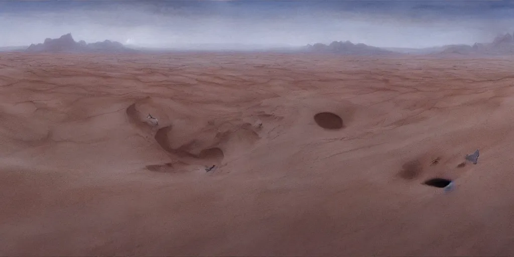 Image similar to Artwork by John Howe of the cinematic view of The Eerie Sandpit, a Desert, within which can be found an enunciable bastion.