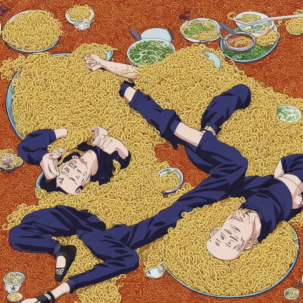 Image similar to a color manga illustration of naruto laying in a pile of ramen noodles and bowls, holding a large bowl of ramen and slurping up noodles. the view is top down. his mood is one of delicious bliss and the sense of the image is abundance. the image is illustrated in high colorful detail by masashi kishimoto and is very very very detailed.