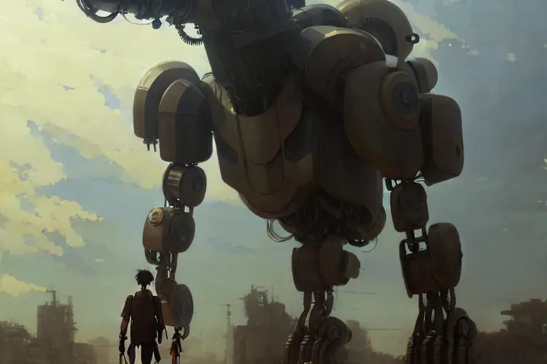 Prompt: dieselpunk, huge humanoid robot, painted by greg rutkowski makoto shinkai takashi takeuchi studio ghibli, akihiko yoshida