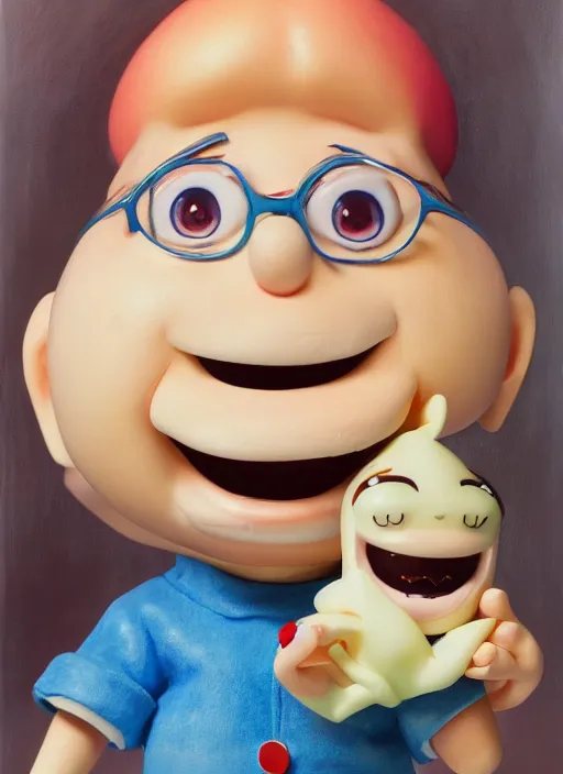 Image similar to a hyperrealistic oil panting of a kawaii anime girl figurine caricature with a big dumb grin featured on Wallace and Gromit by Quentin Matsys