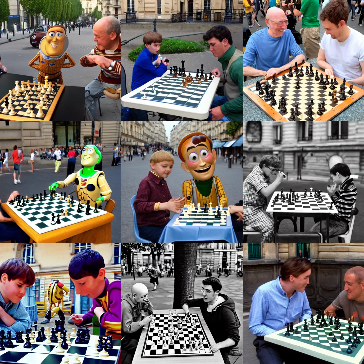 Prompt: woody and buzz light-year playing chess in Paris