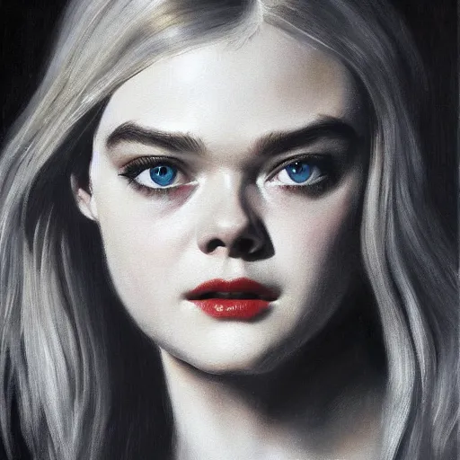Image similar to ultra realistic portrait painting of elle fanning, art by frank frazetta, 4 k, ultra realistic, highly detailed, epic lighting