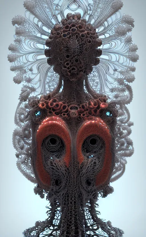 Image similar to gothic goddess intricate mask, eagle coral, jelly fish, mandelbulb 3 d, fractal flame, octane render, cyborg, biomechanical, futuristic, by ernst haeckel