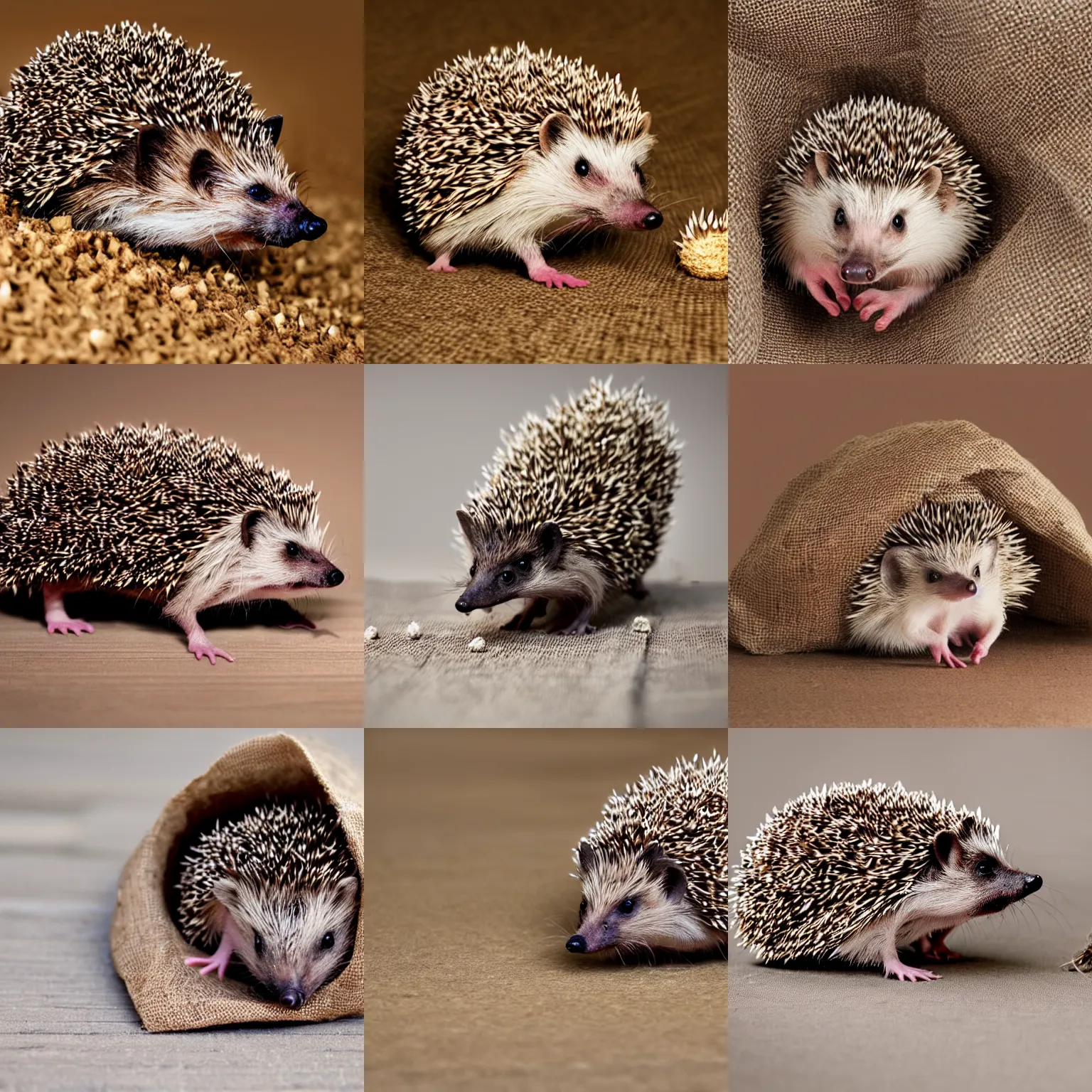 Prompt: hedgehog hissing in a burlap bag, hyper realistic, photography