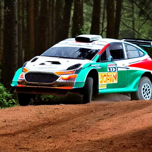 Prompt: close up of rally racing car in forest, cinematographic shot, cartoon