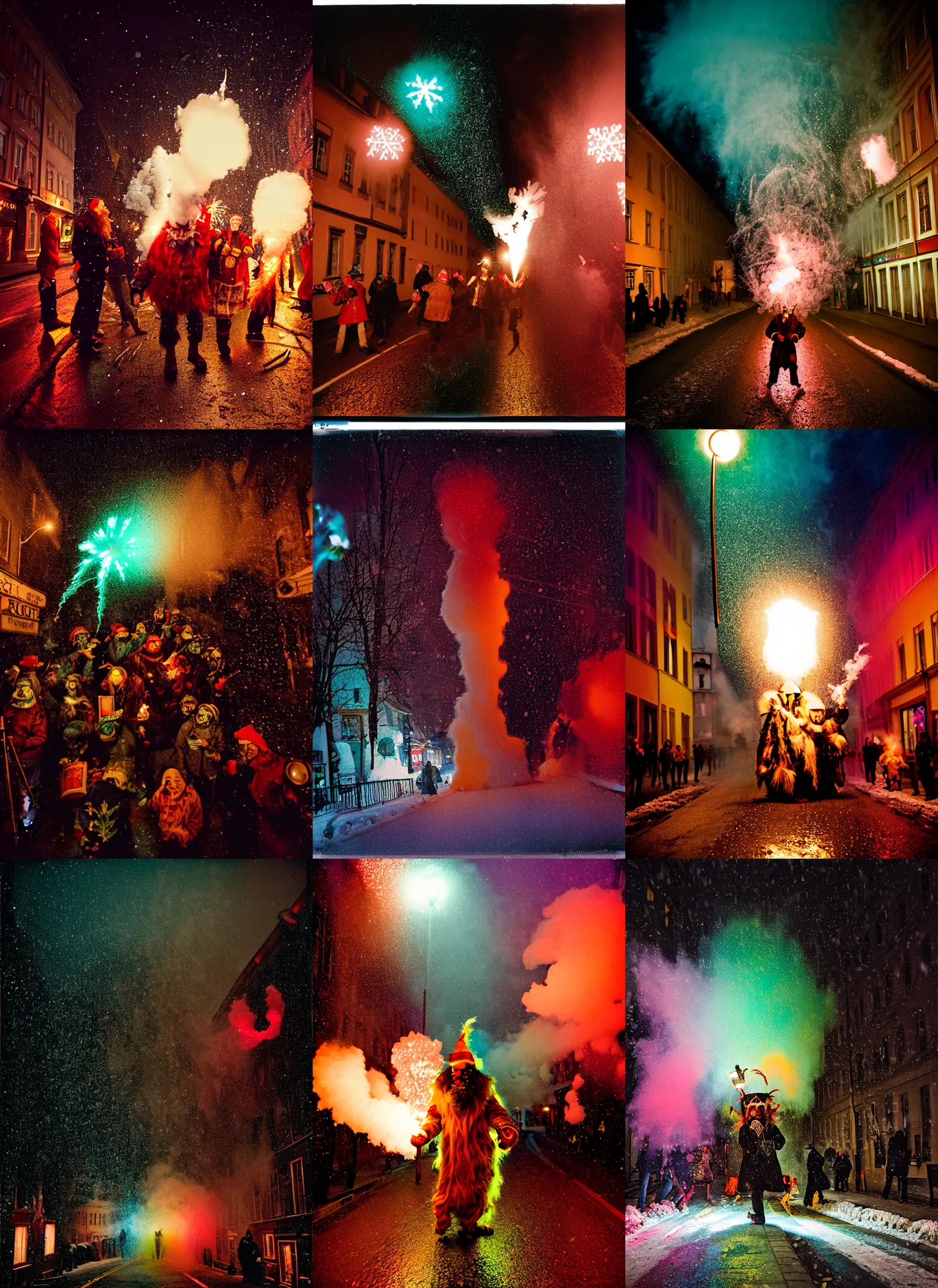 Image similar to kodak portra 4 0 0, wetplate, winter, snowflakes, rainbow coloured rockets, chaos, glitter tornados, award winning dynamic photo of a bunch of hazardous krampus between exploding fire barrels by robert capas, motion blur, in a narrow lane in salzburg at night with colourful pyro fireworks and torches, teal lights
