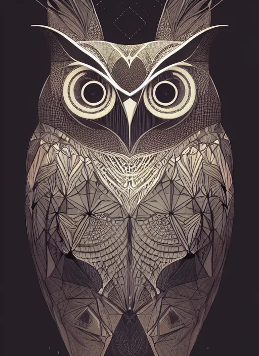 Image similar to portrait of a geometric owl, identical eyes, medium shot, illustration, full body made of white feathers, symmetrical, art stand, super detailed, cinematic lighting, and its detailed and intricate, gorgeous, by peter mohrbacher