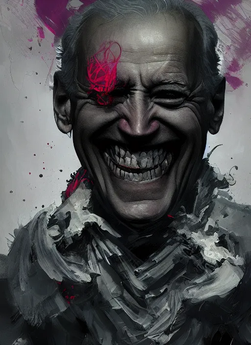 Image similar to crazy mad Joe Biden grinning sadistic smile all powerful emperor of the world, high contrast, cosmic horror, lovecraftian, abstract, masterpiece, trending on ArtStation, by Greg Rutkovski and by Craig Mullins and by David Cronenberg and by Ismail Inceoglu, dark