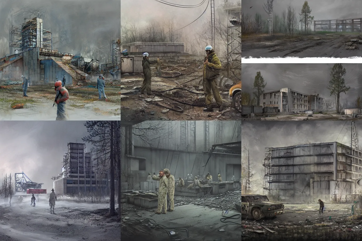 Prompt: liquidators in chernobyl, concept art by Tuomas Korpi, highly detailed, ultra detailed, ultra realistic, trending on artstation