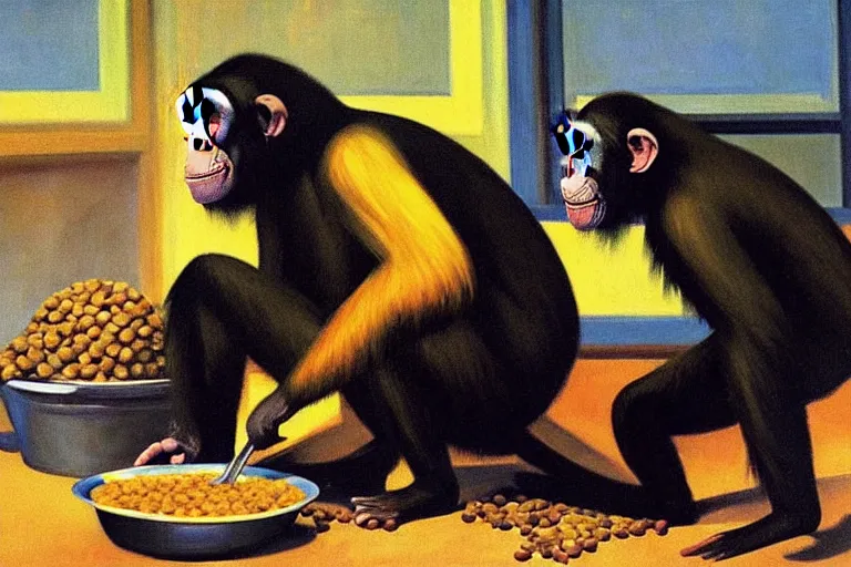 Image similar to a highly detailed painting of chimpanzees cooking lentil dhaal, by Edward hopper