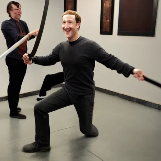 Image similar to mark zuckerberg swinging a katana sword