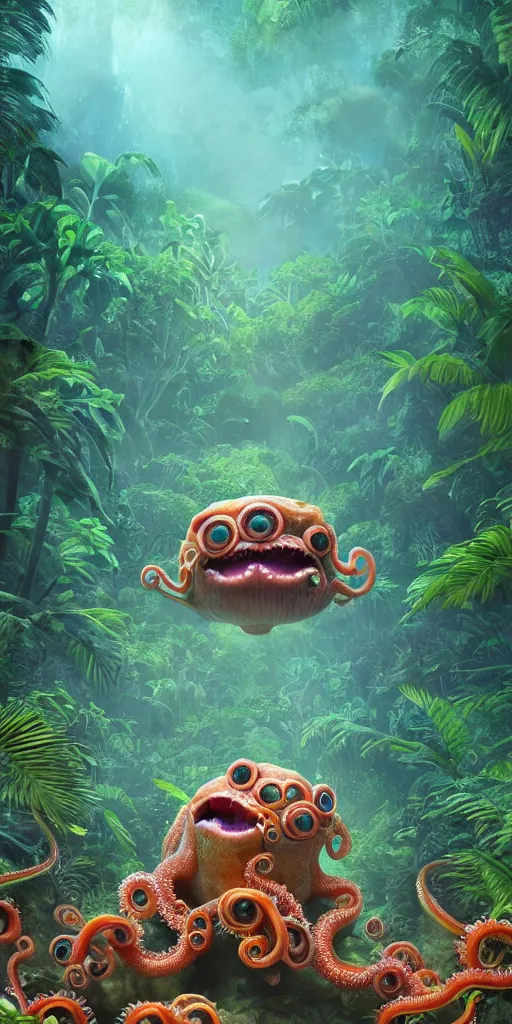 Image similar to of a tropical rainforest lake with strange cute friendly happy creatures with huge eyes, mouth, long tongue, round teeth and tentacles appearing from sandy coral, in the style of gehry and gaudi, macro lens, shallow depth of field, ultra detailed, digital painting, trending artstation, concept art, illustration, cinematic lighting, photorealism, epic, octane render