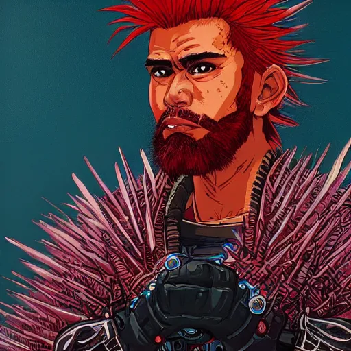 Image similar to portrait painting of a maori street samurai with spiky red hair, cyberpunk, glitchwave, sharp focus, award - winning, trending on artstation, masterpiece, highly detailed, intricate. art by josan gonzales and moebius