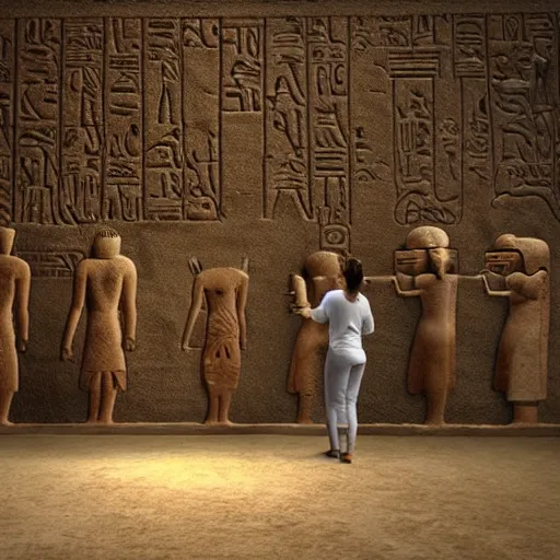 Prompt: realistic render of monsters looking at hieroglyphs, cinematic lighting