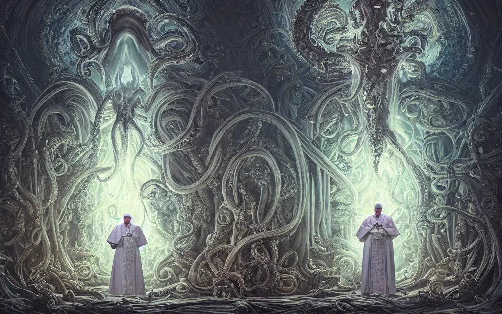 Prompt: pope priest in front of a cthulhu within a viscosity fluid lovecraft portal, intricate architecture, baroque detailed, shiny colors, high - key lighting, beautiful composition, intricate, elegant, pro photography by, highly detailed, art by artgerm and peter mohrbacher, subsurface scattering, ray tracing, vivid colors, octane render