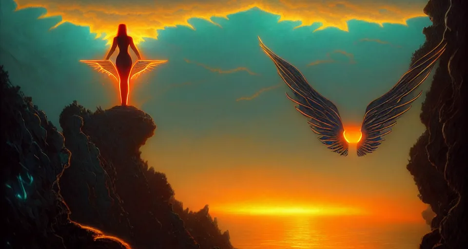 Image similar to tron wings in front surreal sunset, cliffside ocean scene, backlit, aesthetic, diffuse lighting, hyper realistic, elegant, intricate, hyper detailed, smooth, sharp focus, concept art, illustration, trending on artstation, art by artem demura, greg rutkowski, james gurney, and alphonse mucha