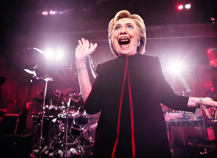 Image similar to publicity photo still of hillary clinton in a death metal band playing live on stage, 8 k, live concert lighting, mid shot