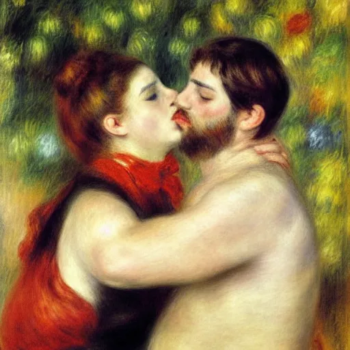 Prompt: art by renoir, man kissing man, people wearing clothes