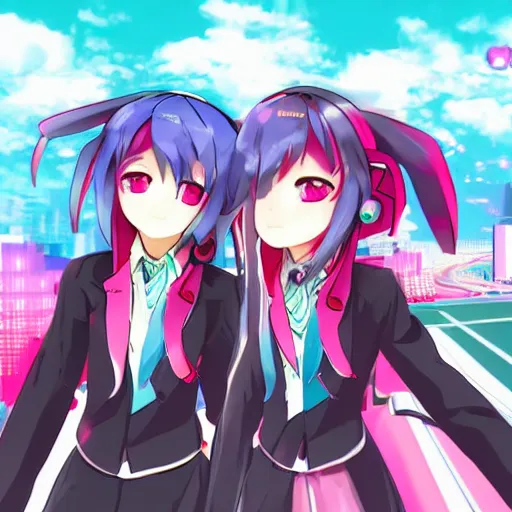 Image similar to Hatsune Miku and Megumin driving down the highway, vaporwave aesthetic