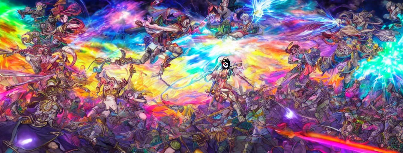Prompt: super colorful rainbow souls fighting on a battlefield with spirit power flying around. hyperrealistic anime background illustration by kim jung gi, colorful, extremely detailed intricate linework, smooth, super sharp focus, bright colors, high contrast, matte, octopath traveler, unreal engine 5 highly rendered, global illumination, radiant light