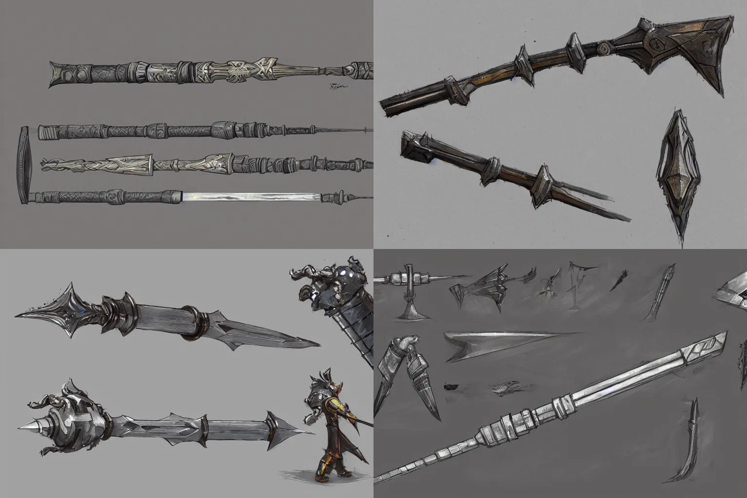 Prompt: concept art for a lance weapon, inspired by a club and bulky heavy flashlights, medieval fantasy