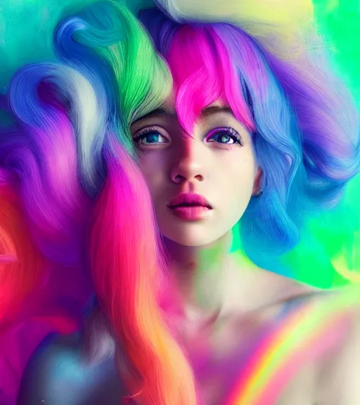 Prompt: dramatic lighting portrait of a beautiful! young woman with a light skin and rainbow colored cotton candy hair. colorful paint splashes. moody and melancholy. with subtle motion blur effects. digital art by artgerm and beeple